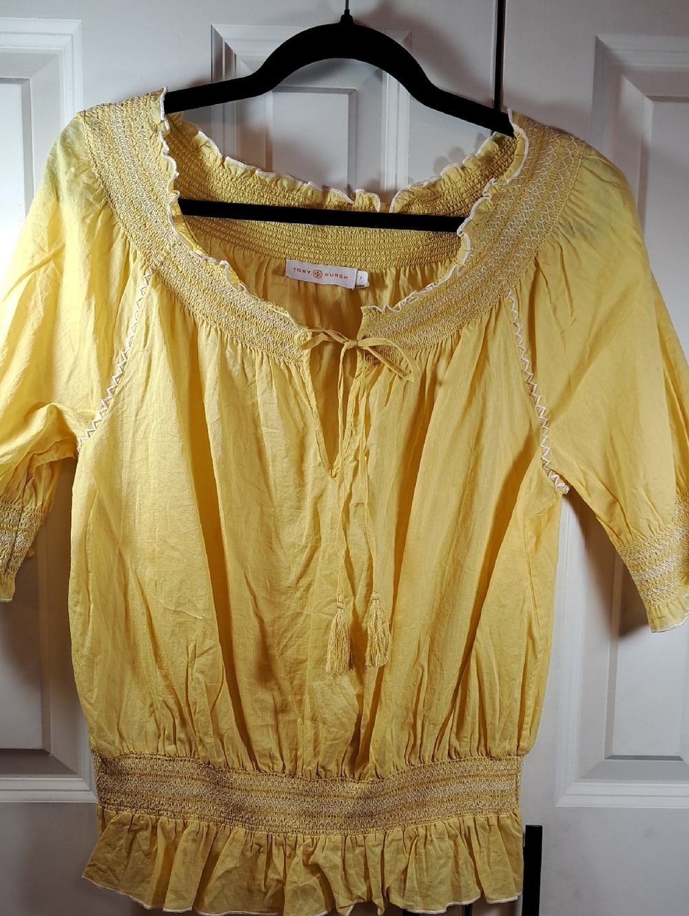 Tory Burch Yellow Smocked Peasant Top with Tassel Tie